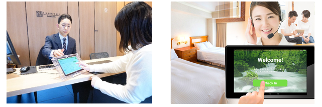 写真左：タブレット端末を使った宿泊受付シーン　写真右：「あんしんステイIoT」の利用イメージ